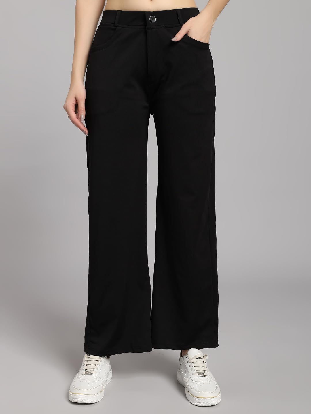 Baggy High Rise Black Women Lycra Blend Trousers-image-39