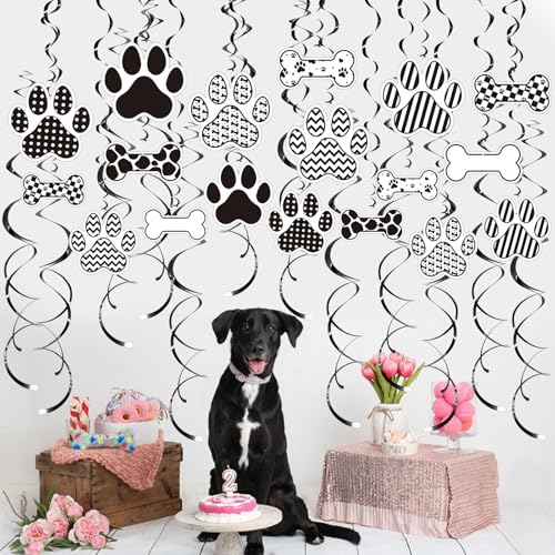 Image of Dog BirthdayHanging Swirl Set Party Decorations, 48 Pcs, Dog Paw Bones Party Supplies Sign,White Black Grid