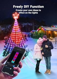 Outdoor Christmas Star String Lights, Smart RGB Waterfall Tree String Light with APP Remote Control, DIY Modes Dimmable Timer Music Sync Shooting Star Fairy Lights for Indoor Outdoor Garden Decoration