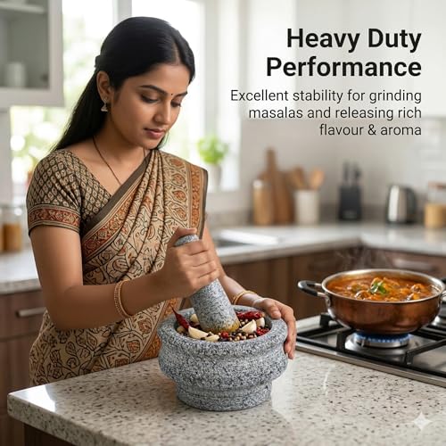 Image of Nakshathra Stone Mortar and Pestle for Kitchen, Handcrafted Heavy Kharal Musal, Traditiaonal Grinder for Crushing Spices, Garlic, Ginger, Herbs, Ideal Khalbatta for Daily Use (6 inch /15.24 cm)