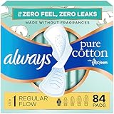Always Pure Cotton Feminine Pads for Women, FlexFoam Pads with Wings, Size 1, Regular Absorbency, Unscented, 84 Count (3 Packs of 28)
