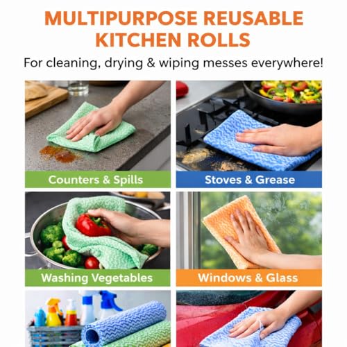 Image of Non Woven Reusable & Washable Kitchen Towel Roll | Ultra Absorbent, Antimicrobial & Anti Odour for Spotless Cleaning | Quick Dry Multi Purpose Hand or Machine Washable (2 Rolls, Upto 120 Pulls)