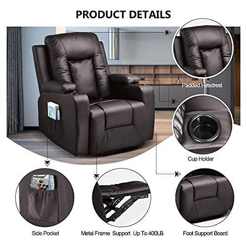 Comhoma Pu Leather Recliner Chair Modern Rocker With Heated Massage Ergonomic Lounge 360 Degree Swivel Single Sofa Seat With Drink Holders Living Room Chair (Brown) #TOP1
