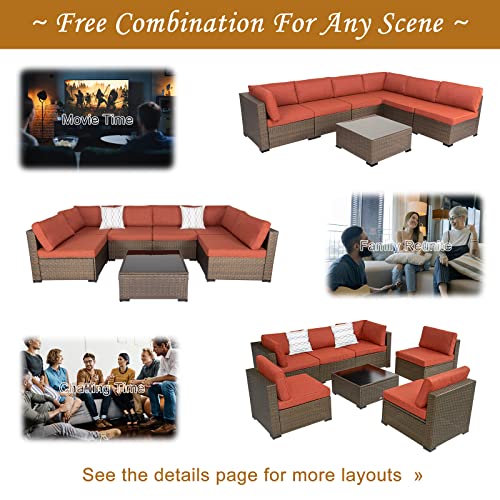 Kinsunny 7 Pcs Outdoor Sectional Sofa Patio Furniture Sets Wicker Rattan Conversation Chair Set With Glass Coffee Table, Dark Blonde Wicker #TOP4