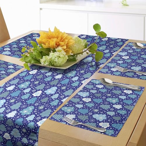Ambesonne Winter Table Runner & Placemats, Snowflakes and Silhouettes of Christmas Pine Trees Christmas, Set for Dining Table Decor, Placemat 4 pcs + Runner 16