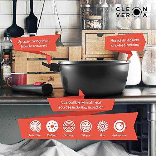 Cleverona Essential Nonstick 3 Quart Sauce Pan with SecureSnap Detachable Handle and Medium Clever Lid - Dark Grey