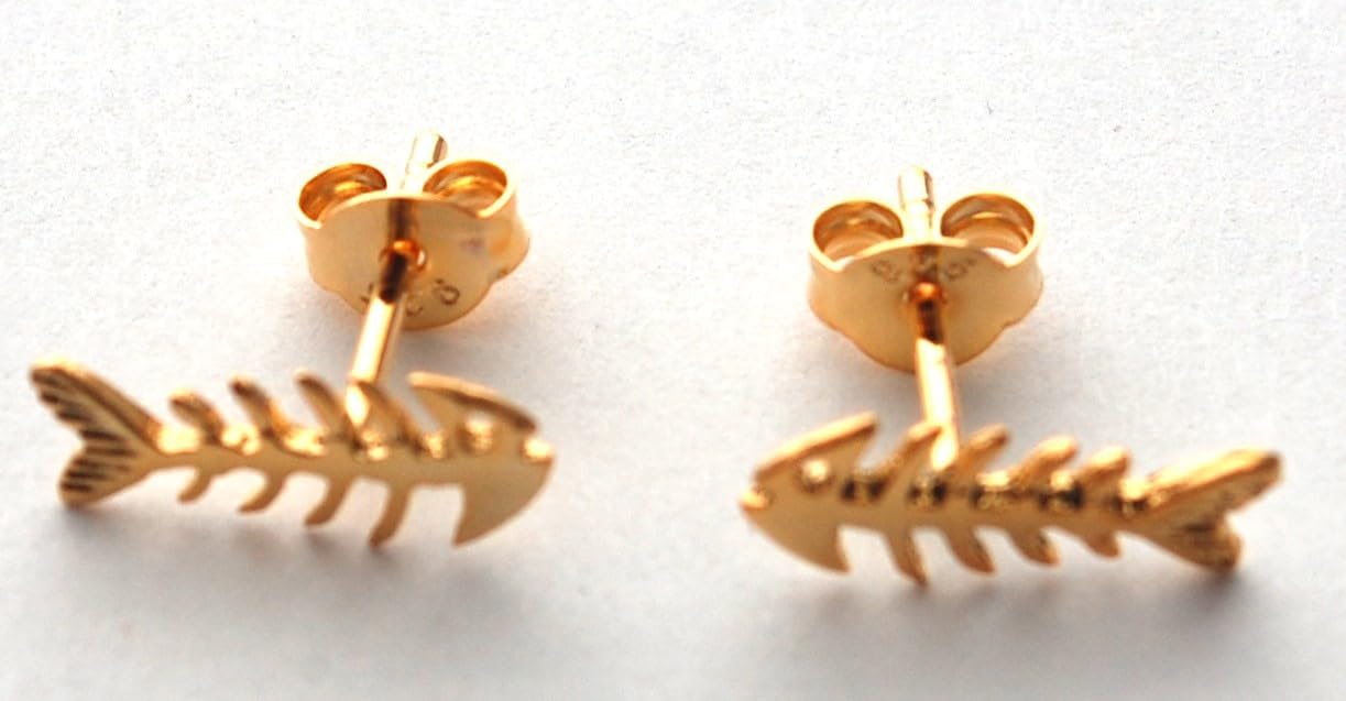 Fish Bones Skeleton Stud Earrings -14k gold over sterling silver