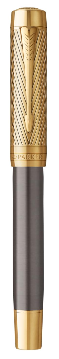 Parker Duofold Stylo plume | Collection Pioneers | Laque grise avec capuchon et finitions or | Plume fine en or massif | Encre noire | Coffret cadeau