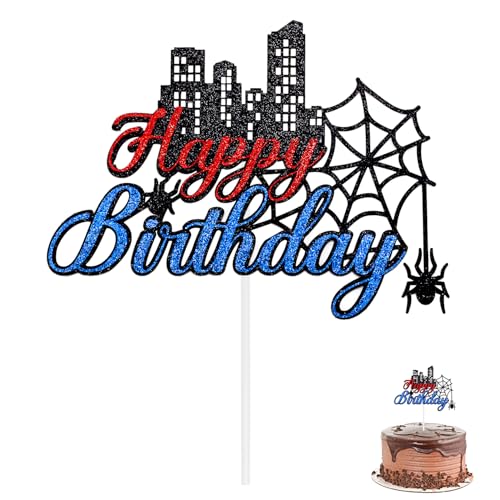 Cartoon Spider Birthday Cake Topper, Glitter Paper Cartoon Themed Happy Birthday Cupcake Topper Double-Sided Party Decoration for Boy & Girl