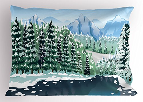 Ambesonne Forest Pillow Sham, Wildwood in Winter Season with Snowy Mountains and Frozen River Cartoon Style, Decorative Standard Size Printed Pillowcase, 26