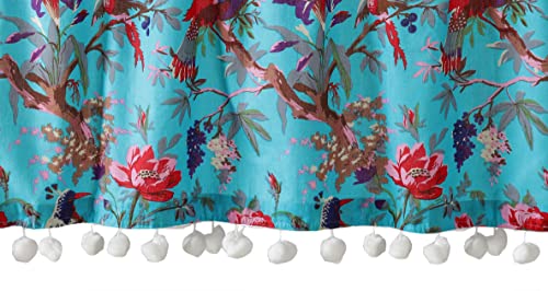 Image of Ravaiyaa - Attitude is everything Hand Printed Half Window Kitchen Curtain 100% Cotton Short Drapery Valance Curtain 40 inch X 18 inch Inch (Turquoise Bird)