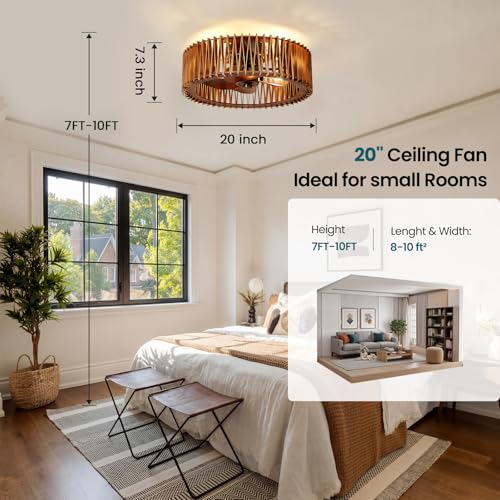 Image of 20 inch Flush Mount Ceiling Fan with Light, Wooden Caged Low Profile Fandelier with Remote, 6-Speed Reversible Bladeless Fan, Farmhouse Ceiling Fan for Bedroom, Kitchen, Living Room