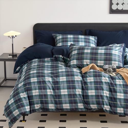 Image of Wake In Cloud - Plaid Comforter Set, Scottish Tartan Check Geometric Modern Pattern Printed, Soft Lightweight Bedding, 3 Pieces, Navy Green, Queen Size
