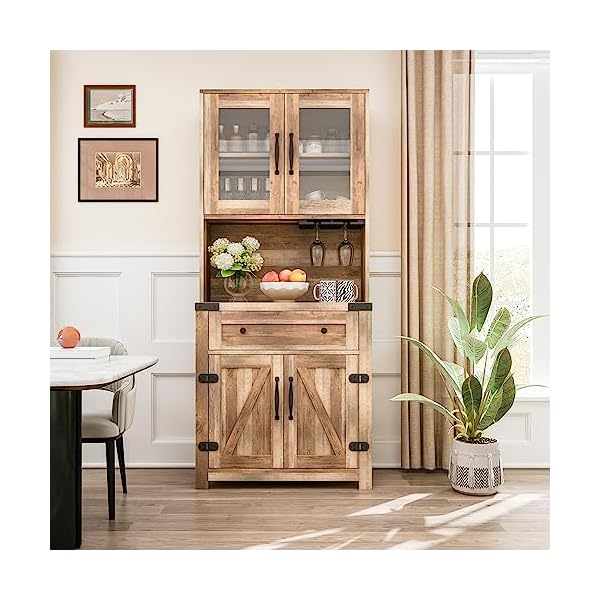 JARMINERO Accent Storage Cabinet,Farmhouse Coffee Bar Pantry Cabinet with Goblet Holder and 4 Barn Doors,Buffet Hutch Cabinet with Microwave Stand for Living Room Kitchen Dining Room,Yellow Walnut