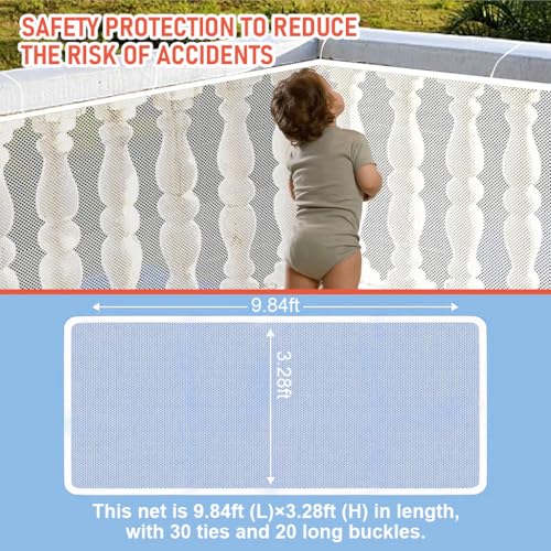 Image of SNOWIE SOFT Baby Safety Net 9.8 ft x3.3 Ft Banister Guards Stairway Rail Net Polyester Stairway Baby Guards with 20 Zip Ties and 30Pcs Nylon Ties Safety Net for Indoor, Outdoor, Patios or Balcony Use
