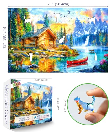 Image of 500 Piece Jigsaw Puzzle for Adults Mountain Lake Cabin Nature Forest Waterfall Deer Sunset Landscape Family Challenging Puzzles with Letters on Back Perfect for Game Night (23 inchX15 inch)
