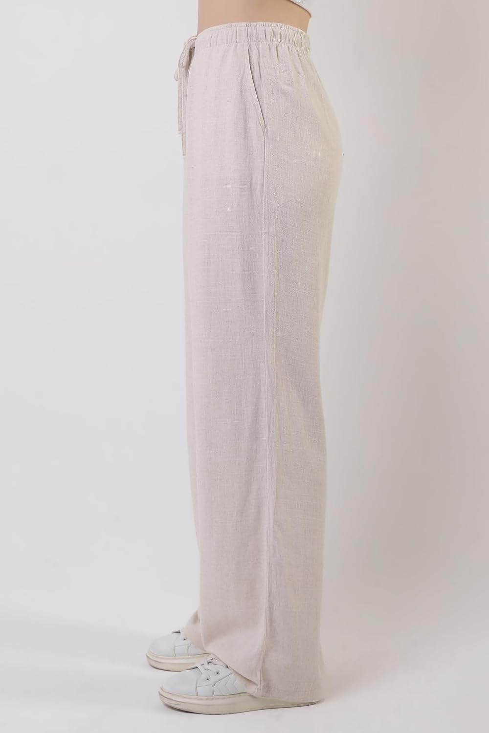 Womens Cotton Linen Palazzo Pants Drawstring Elastic Waist Casual Wide Leg Trousers with Pockets - Image 5