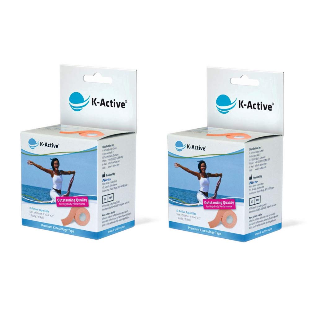 Rouleau de kinesiologie K-Active Elite BEIGE avec STRATAGEL® PLUS technologie adhésive, résistant à l’eau et hypoallergénique, 50 mm x 5 m, 2ème pack