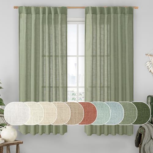 LAMIT Sage Green Linen Curtains 63 Inch for Bedroom, Light Filtering Neutral Semi Sheer Window Curtains Back Tab and Rod Pocket Christmas Panels, 2 Panels, 52 x 63 Inch