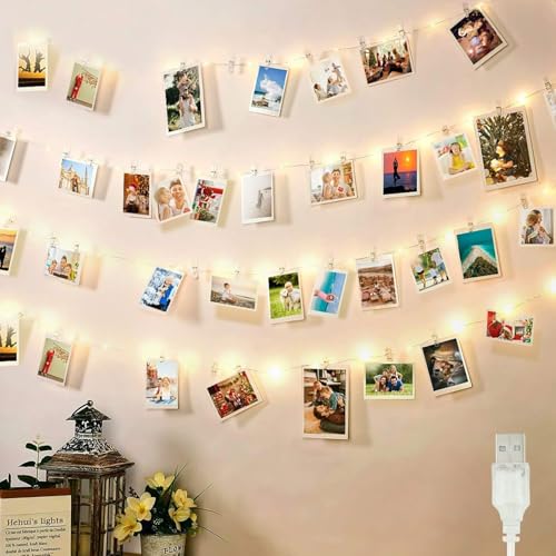 Liyade LED Fotoclips Lichterkette 10M 100LED Zimmer Deko 60 Klammern 20...