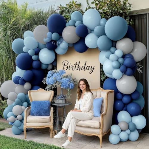 Image of Navy Blue Balloon Arch Kit - Double Stuffed Dusty Blue Pastel Blue Balloon Garland Dark Light Blue Grey Latex Balloons for Baby Bridal Shower Birthday Wedding Graduation Party Decoration