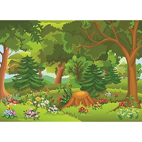 BELECO 5x3ft Fabric Cartoon Forest Backdrop Fairytale Forest with Flowers Mushroom Phtography Backdrop for Birthday Party Decoration Baby Shower Kids Game Photoshoot Photo Background Props Cover