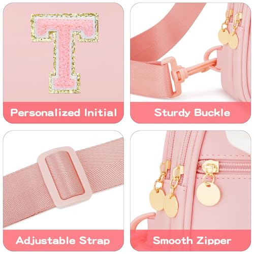 Image of Initial Sling Bag Crossbody Purse for Kids Girls Age 3-8 | Personalized Initial Gift, Soft Vegan Leather, Adjustable Strap & 3 Pockets for Kids Girls 3-8, Pink T