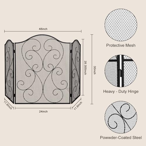 Image of Hogardeck Fireplace Screen, 3 Panel 48 inch x 30 inch Fireplace Cover for Living Room, Decorative Wrought Iron Fire Place Gate for Brick Fireplace, Baby Proof, Pet Safety