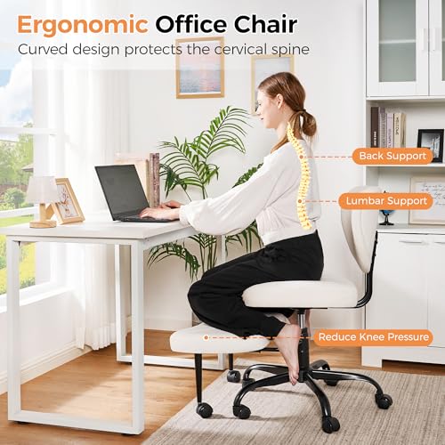 Image of Cross Legged Office Chair, Ergonomic Criss Cross Chair with Wheels, 360 Swivel Height-Adjustable Meditation Chair for Yoga & ADHD, Wide Kneeling Chair with Strong Lumbar Support (White) BPY01W