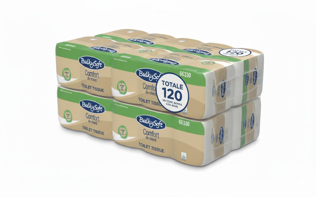 Carta Igienica a rotoli, 160 strappi 2 veli. Confezione da 120 Rotoli, Eco-certificata, Codice 66330