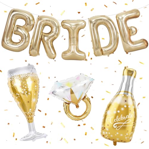 Image of 40inch Bride Balloons Light Gold Letters Banner, Bachelorette Party Decoration Set with Diamond Ring Champagne Bottle Balloon Glass Foil Balloon for Bachelorette Engagement Wedding Bridal Shower Decor