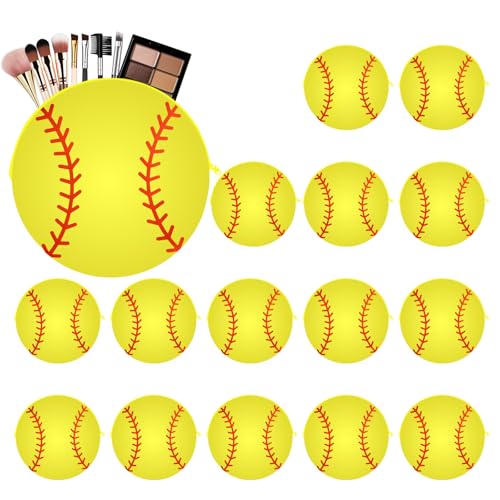 UCEHIPAW 16 Pcs Softball Makeup Bags Canvas Round Sport Cosmetic Bags Travel Portable Makeup Organizer for Team Women Men Player