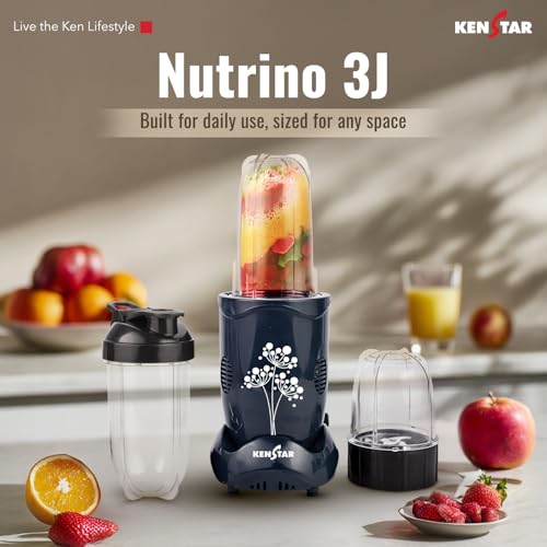 Image of Kenstar Nutrino Mixer Grinder Blender | 3 Jar 350W | High Power Motor Juicer | Blender and Mixer | Durable ABS Body | Blue & Black
