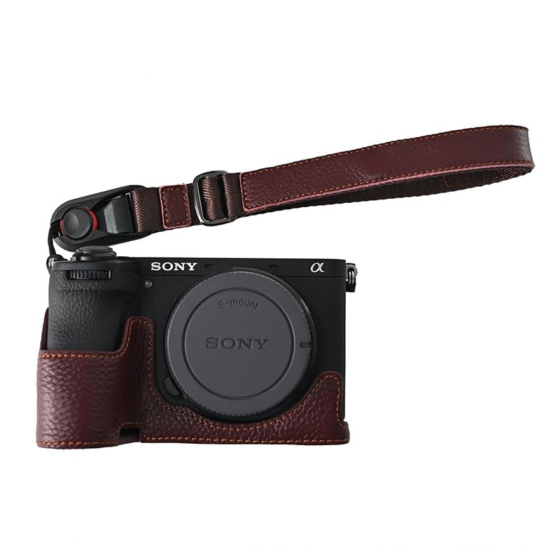 A6700 Case, BMAOLLONGB Handmade Litchi Genuine Real Leather Half Camera Case Bag Cover for Sony Alpha A6700 Bottom Opening Version + Hand Strap (Coffee)