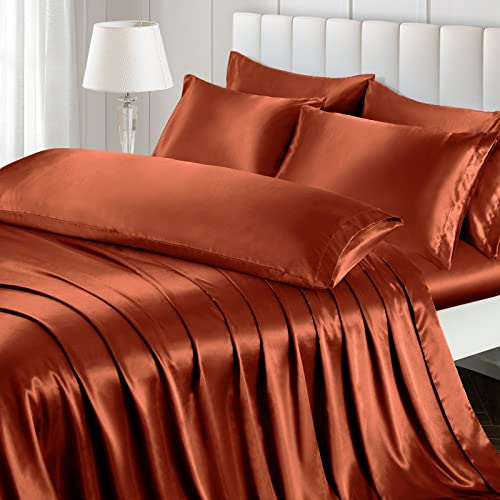 Image of Ersmak 7 Pieces Satin Sheets Set Queen Size, Luxury Silky Rust Orange Satin Bed Sheets Set with 1 Deep Pocket Fitted Sheet, 1 Soft Flat Sheet, 4 Queen Pillowcases and 1 Body Pillowcase