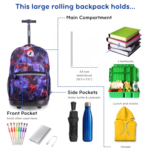 Image of J World Sunrise Kids Rolling Backpack with Wheels for Girls Boys, Roller Bookbag for School, 18 x 13 x 9 Inches, Galax