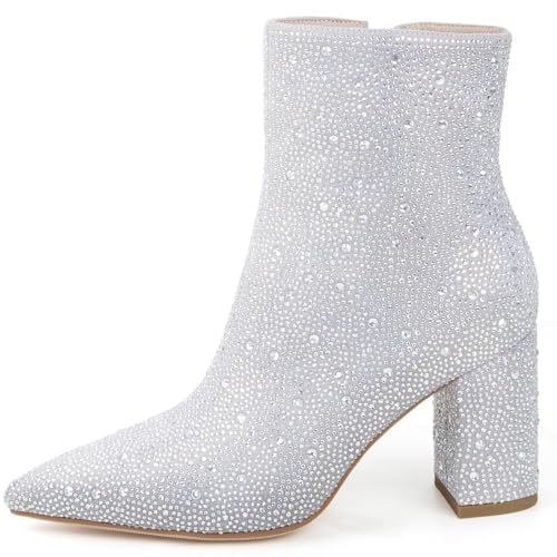Image of MISSMILLER Rhinestone Boots for Women Sparkly Cowgirl Boots Pointed Toe Chunky Heels Rhinestone Cowboy Boots