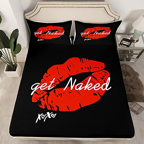 Sexy Red Lips Fitted Sheet & Pillow Sham Set Get Naked Bedding Set For Couple Lover Men Women Funny Quotes Bed Sheet Set Modern Stylish Black Red White Bed Cover No Flat Sheet Room Decor Queen Size #TOP28