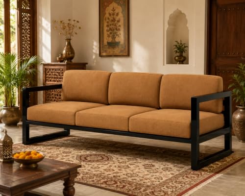 Image of Modern 3-Seater Sofa with Beige Cushions & Black Metal Frame Set Upon a Sturdy Black Metal Geometric Base Frame.