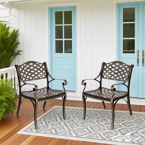 PATIO-IN Cast Aluminum Patio Chairs Set of 2,Bistro Dining Chair with Armrests, Wrought Iron 2 Piece Patio Bistro Chair, Cast Iron Outdoor Patio Dining Chair for Backyard,Porch,Brown