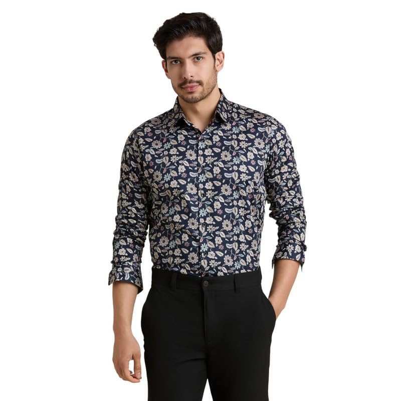 Image of MARK & ALBERT Men's Printed Full Sleeves Regular Fit Shirt Blue | 100% Cotton Stretchable Fabric