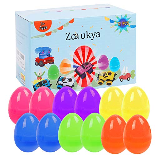 Zcaukya Easter Eggs with Pull Back Cars, 12 Alloy Cast Vehicles and 12 Colorful Easter Eggs, Easter Surprise Egg Car Toys for Easter Egg Hunt, Easter Basket Stuffers, Kids Birthday Gifts, NOT Prefill