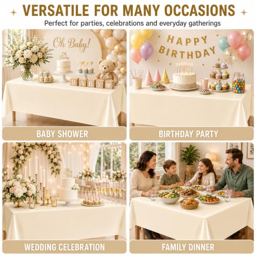 Image of WNINK 4 Pack Ivory Plastic Tablecloths, 54 x 108 Inch Disposable Covers | Ideal for Weddings, Bridal Showers, Baby Showers and Birthdays, Helping Protect Tabletops from Spills and Simplify Cleanup