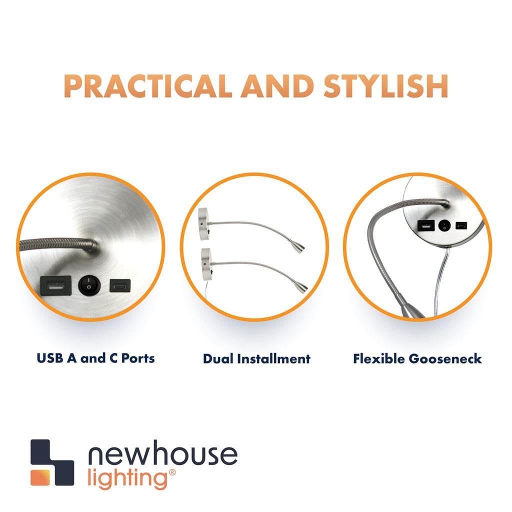 Newhouse Lighting Selene Lampe de lecture col de cygne en acier brossé avec ports de charge USB-A et USB-C NHRL-SE-SLV, 11,4 x 38,1 cm (l x H)