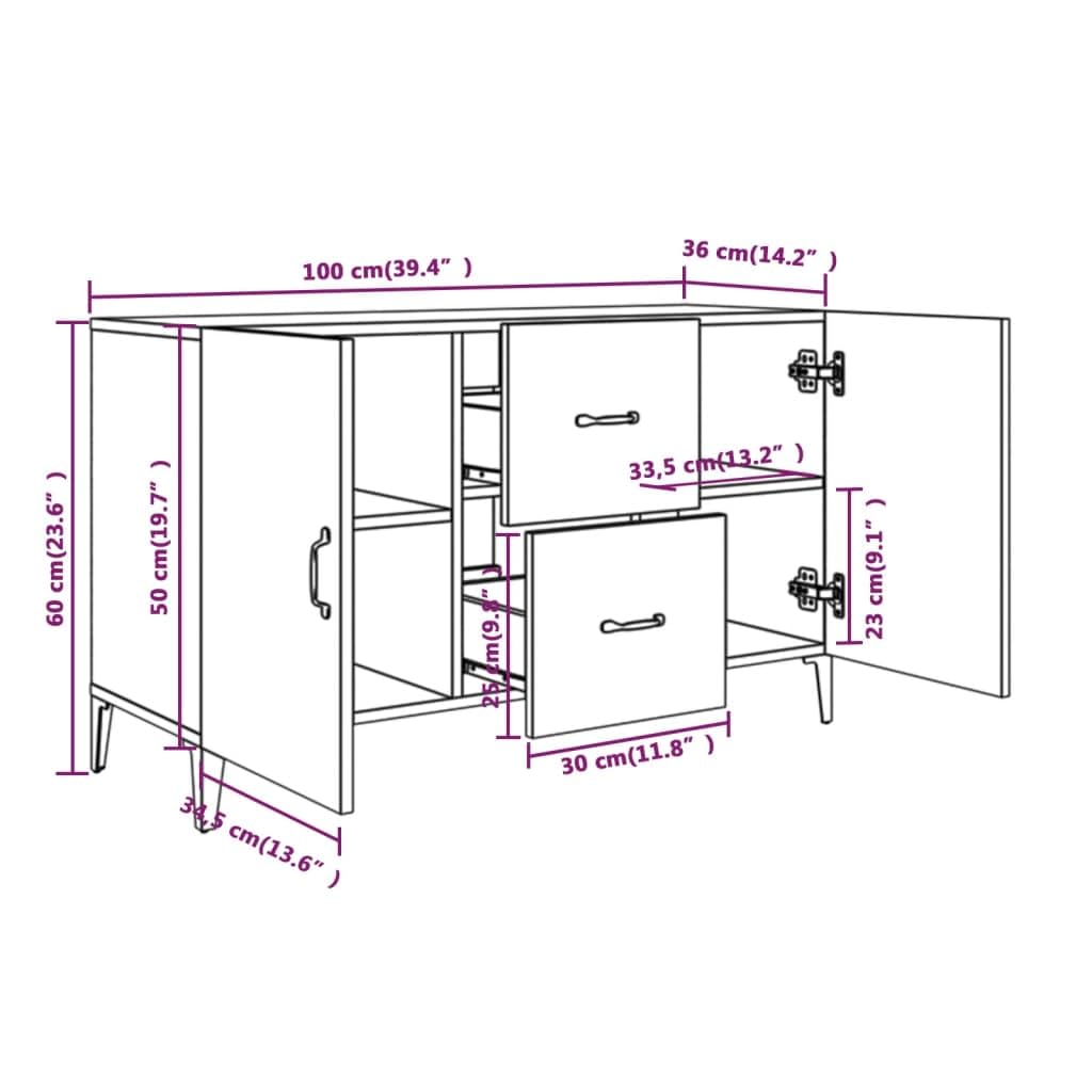 Credenza grigia Sonoma 100 x 36 x 60 cm, elegante materiale in legno con 2 ante e 2 cassetti, cassettiera salvaspazio per soggiorno, cucina, corridoio e camera da letto