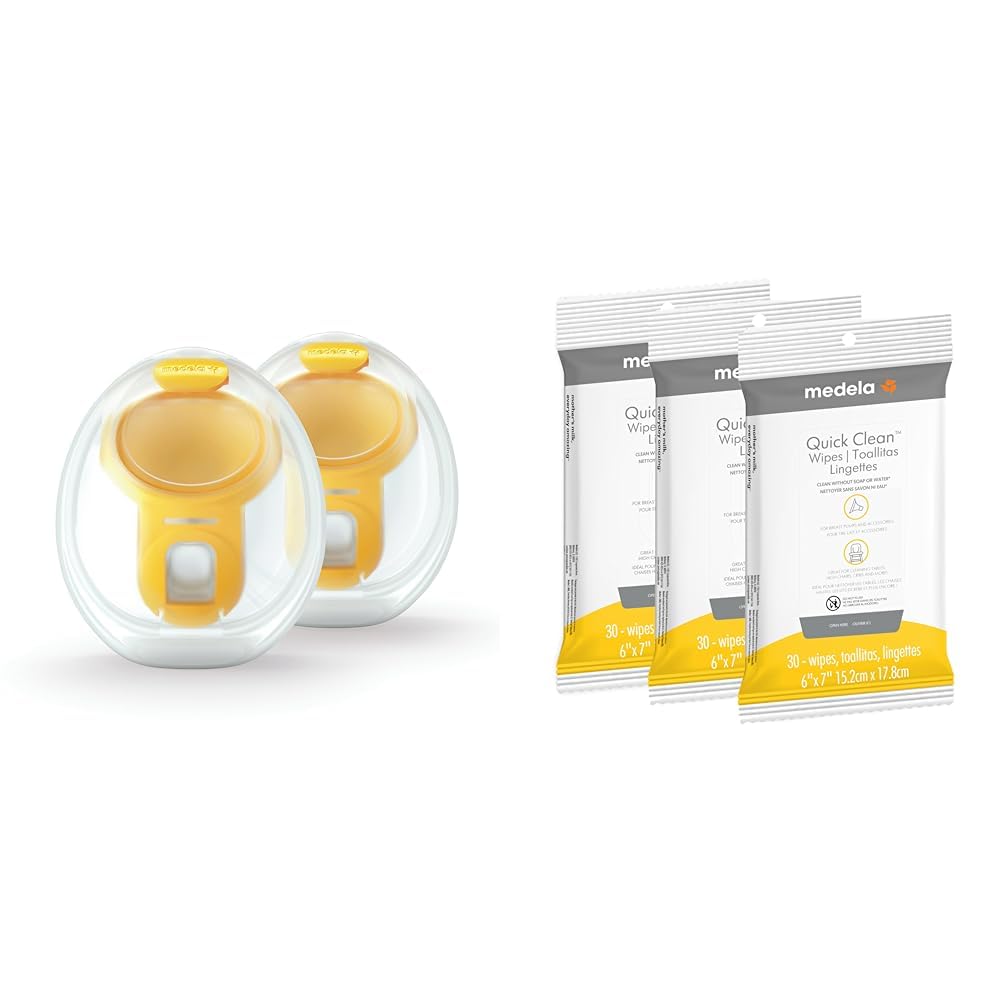 Medela Hands-Free Collection Cups Compatible with Electric Breast Pumps, 1 Set of 2 Cups + Medela Quick Clean Wipes, 3 Packs of 30 Count
