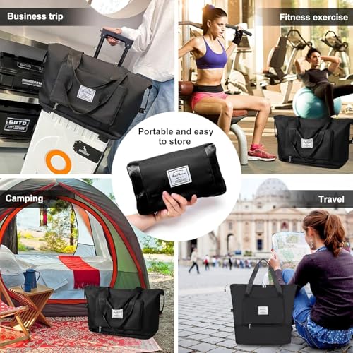 Image of Large Capacity Folding Travel Tote Bag, Oxford Fabric Waterproof Lightweight Foldable Travel Duffel Bag, Portable Expandable Travel Bag, Dry and Wet Separation Carry On Bag for Airplanes (Black)