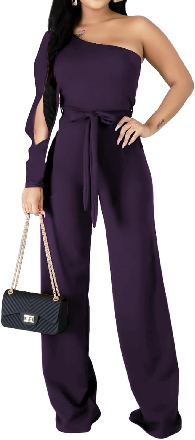 CuteCherry Women Elegant Jumpsuits For Elegant One Sleeve Sexy Straight Long Pants Rompers With Pockets - Image 3