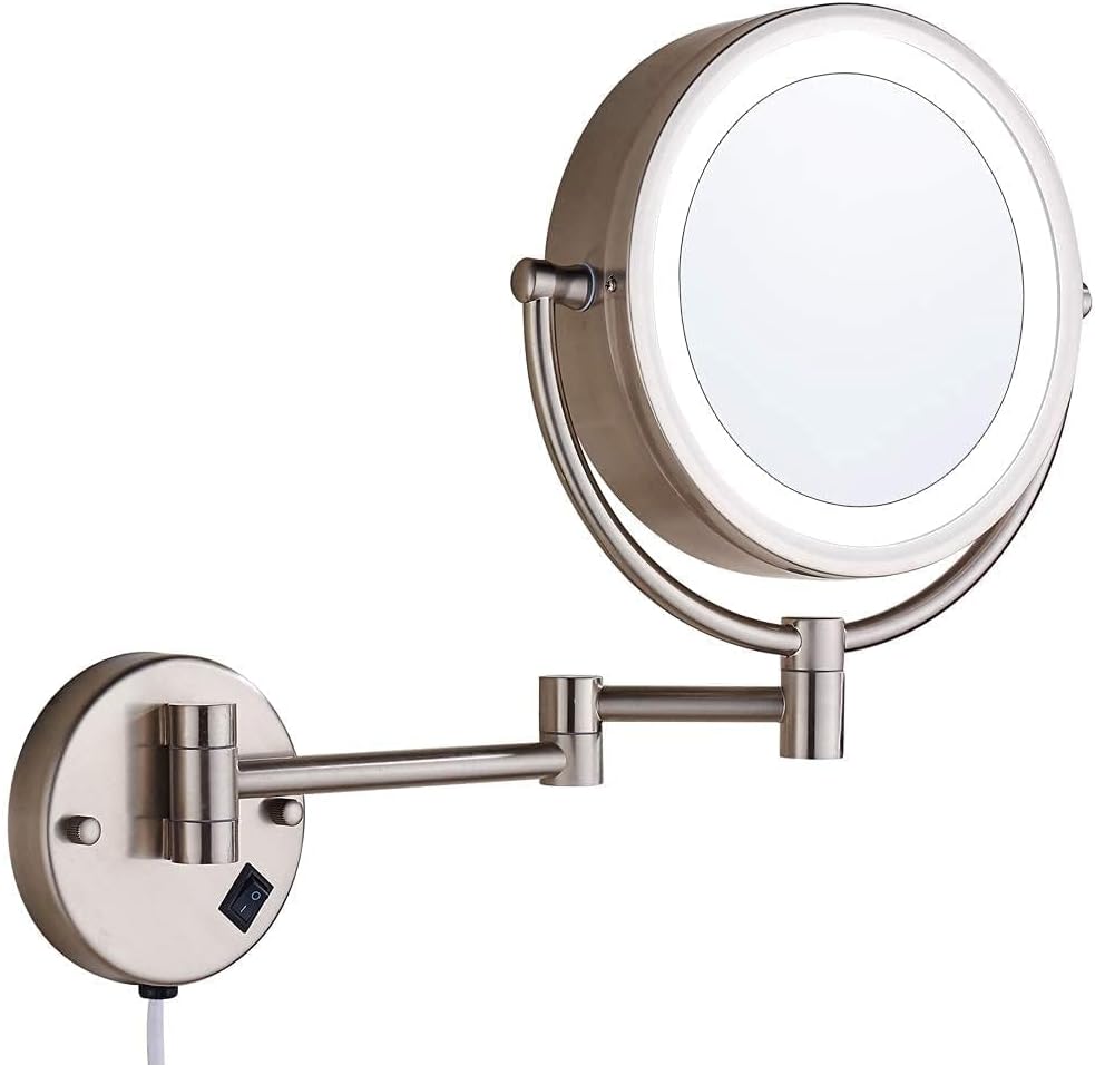 Wall Mount Makeup Mirror 9 Inches with LED Lighted 10x Magnification,has 3 Colors Lights Modes,13" Extension Arm Magnifying Vanity Mirror Electric Plug Powered, Brushed Nickel Finish