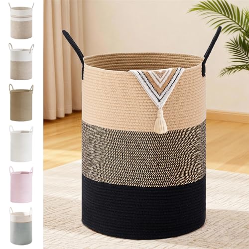 Image of 72L Large Tall Cotton Rope Laundry Basket with Handles, Brown & Black